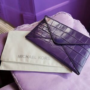 MICHAEL KORS Croc Embossed Envelope Clutch in Plum Color